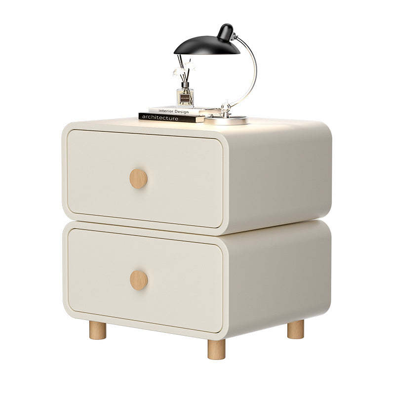 French Wood Leather Rounded Nightstand 2-Drawer