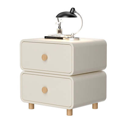 French Wood Leather Rounded Nightstand 2-Drawer