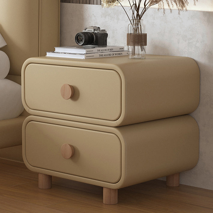 French Wood Leather Rounded Nightstand 2-Drawer — Light Gray