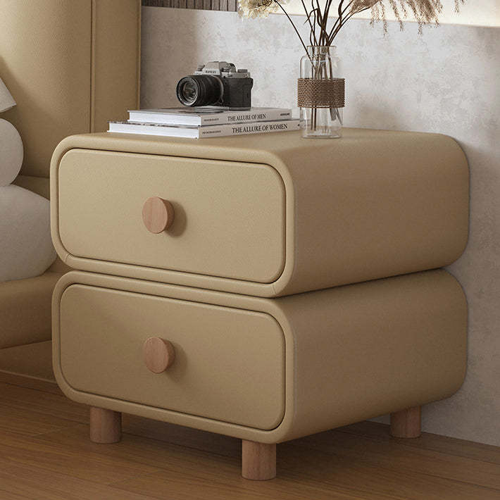 French Wood Leather Rounded Nightstand 2-Drawer — Light Gray