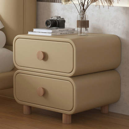 French Wood Leather Rounded Nightstand 2-Drawer — Light Gray