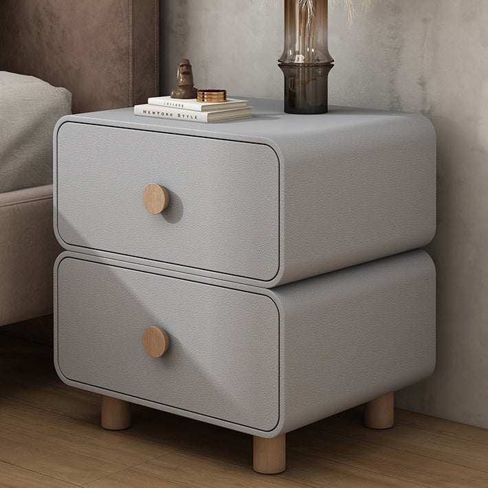 French Wood Leather Rounded Nightstand 2-Drawer — Dark Gray