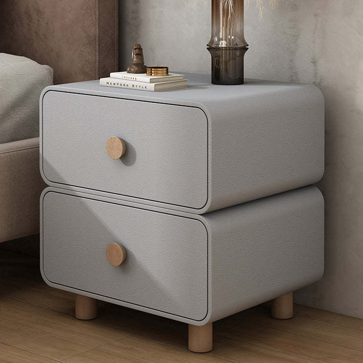 French Wood Leather Rounded Nightstand 2-Drawer — Dark Gray
