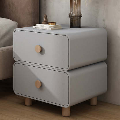 French Wood Leather Rounded Nightstand 2-Drawer — Dark Gray
