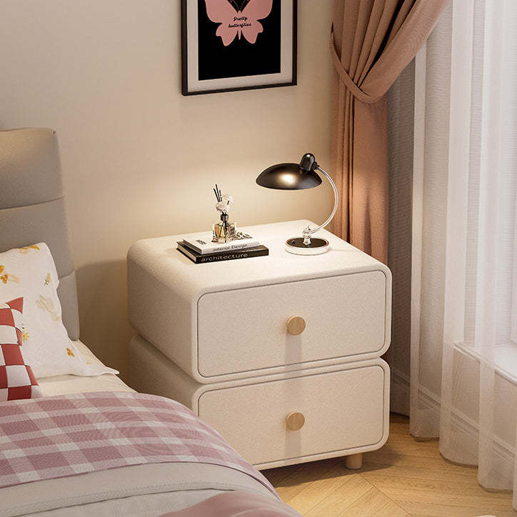 French Wood Leather Rounded Nightstand 2-Drawer — Light Gray