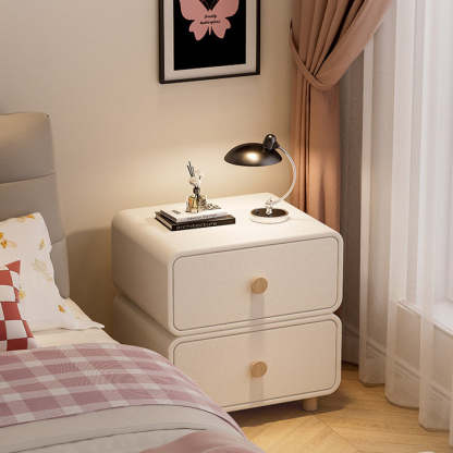 French Wood Leather Rounded Nightstand 2-Drawer — Light Gray
