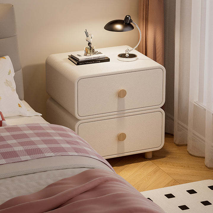 French Wood Leather Rounded Nightstand 2-Drawer