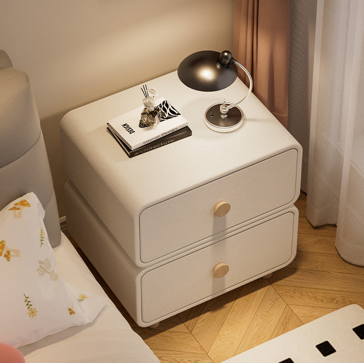 French Wood Leather Rounded Nightstand 2-Drawer