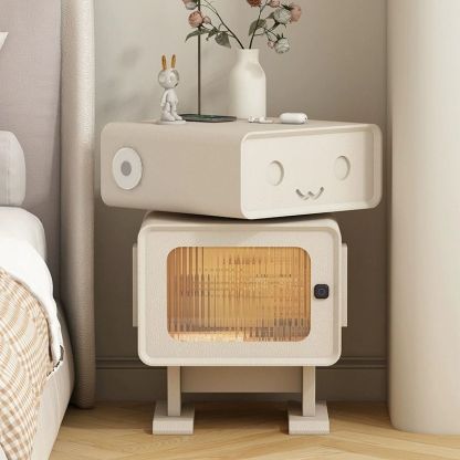 Leather Wood Glass Rounded Robot Side Table — White