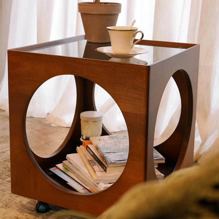 Vintage Wood Glass Hollow End Table 2-Tier