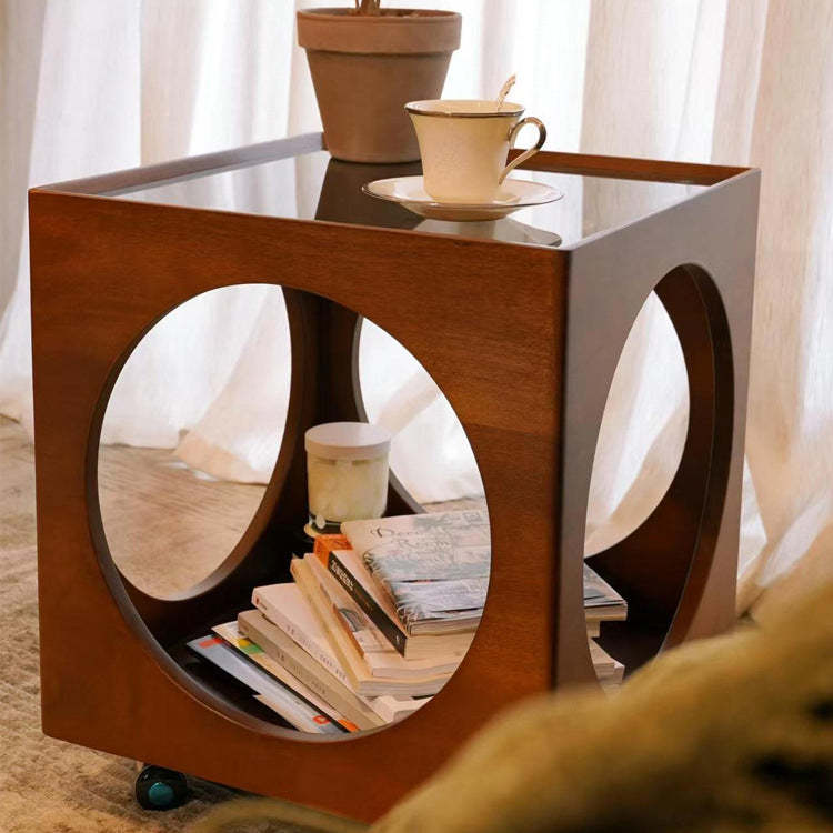 Vintage Wood Glass Hollow End Table 2-Tier