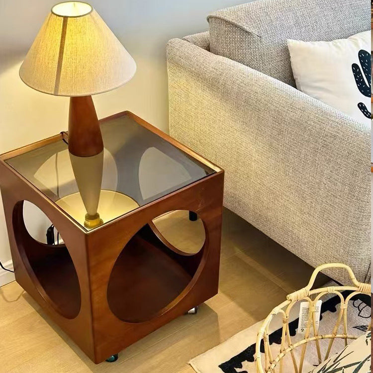 Vintage Wood Glass Hollow End Table 2-Tier