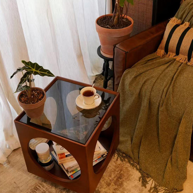 Vintage Wood Glass Hollow End Table 2-Tier
