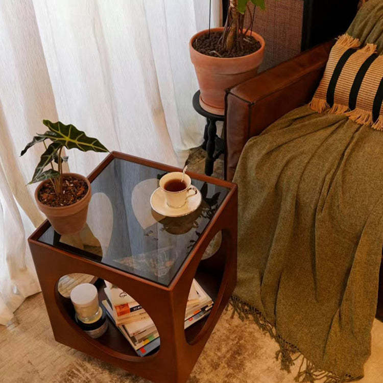 Vintage Wood Glass Hollow End Table 2-Tier