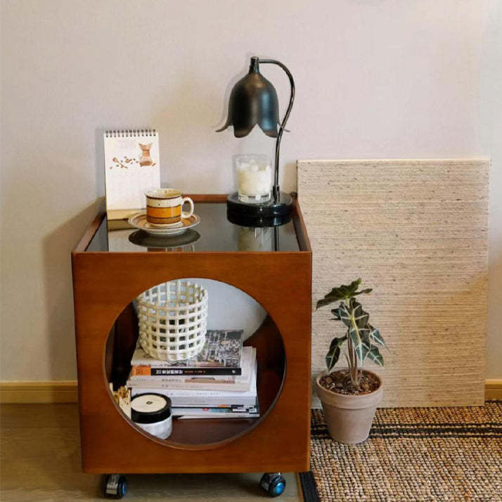 Vintage Wood Glass Hollow End Table 2-Tier