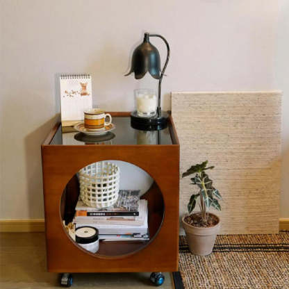 Vintage Wood Glass Hollow End Table 2-Tier