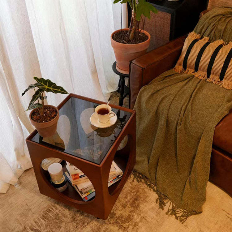 Vintage Wood Glass Hollow End Table 2-Tier