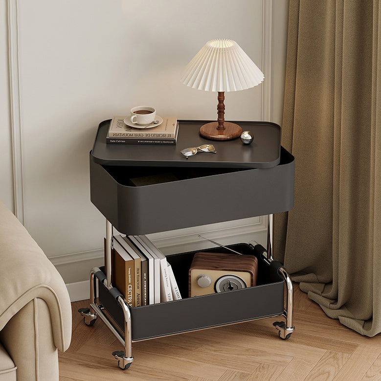 Contemporary Metal Rounded 2-Tier Mobile End Table — Black + Black