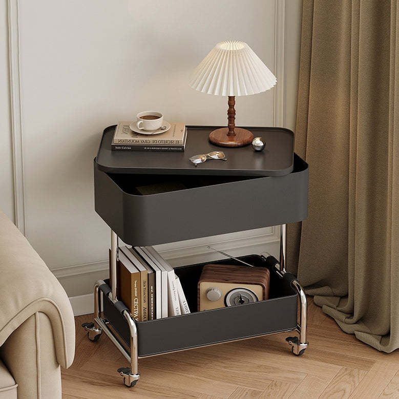 Contemporary Metal Rounded 2-Tier Mobile End Table — Black + Black