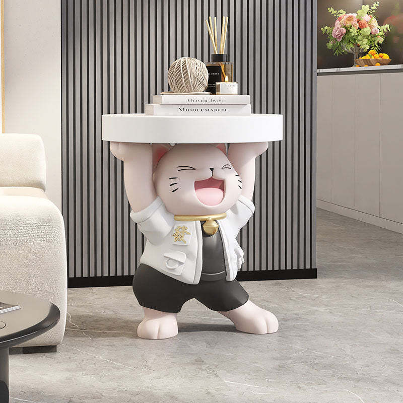 Modern Art Deco Resin Lucky Cat 1-Tier End Table — White