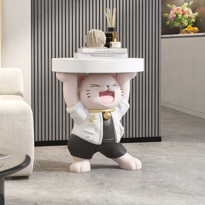 Modern Art Deco Resin Lucky Cat 1-Tier End Table — White