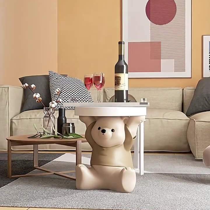 Modern Art Deco Resin Bear Round 1-Tier End Table — Brown