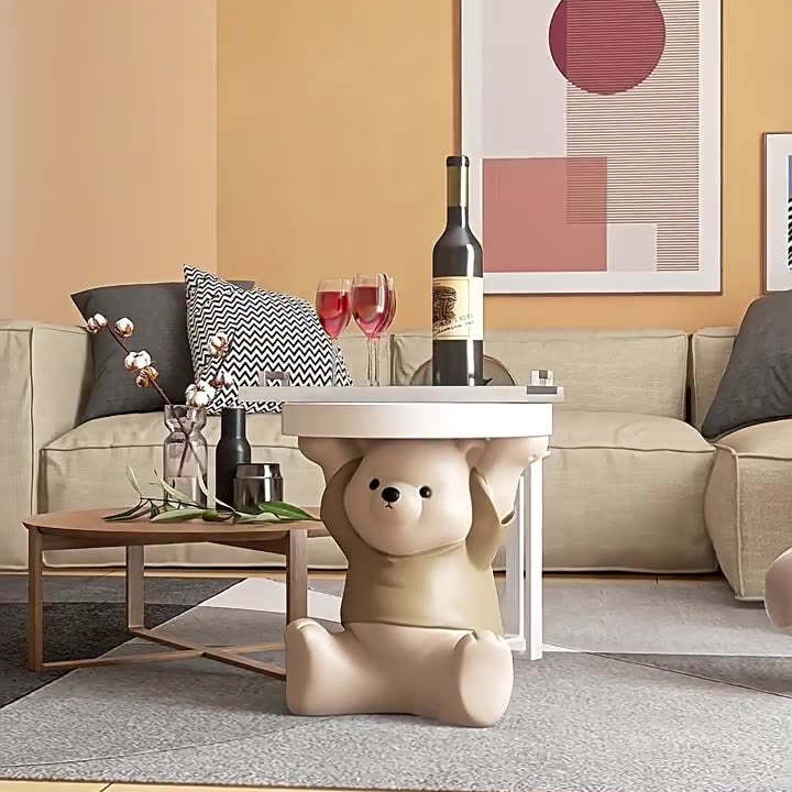 Modern Art Deco Resin Bear Round 1-Tier End Table — Brown