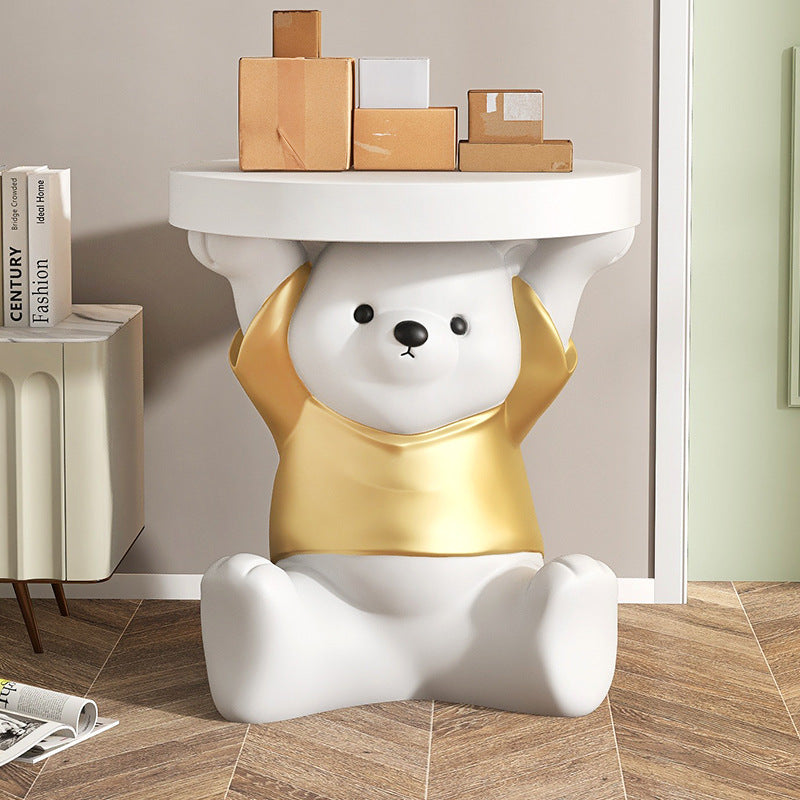 Modern Art Deco Resin Bear Round 1-Tier End Table — Gray