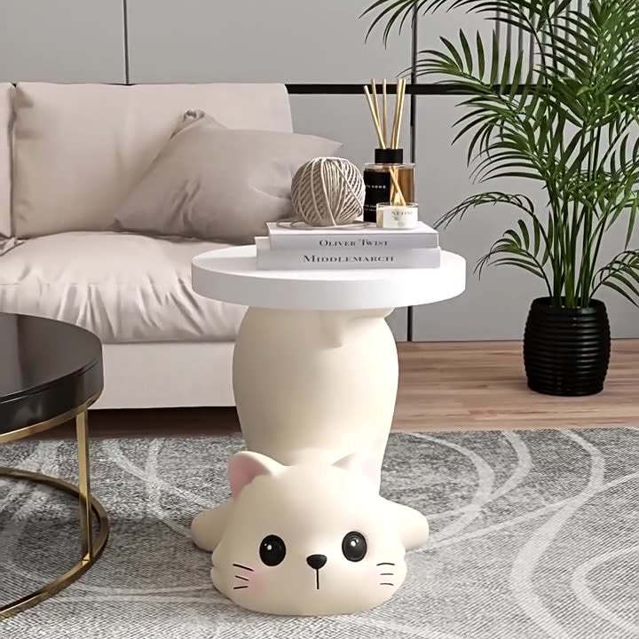Modern Art Deco Resin Cat Round 1-Tier End Table — White