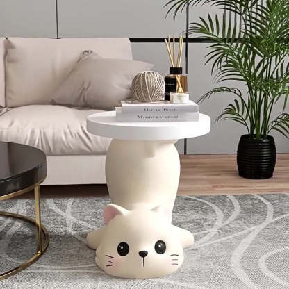 Modern Art Deco Resin Cat Round 1-Tier End Table — White