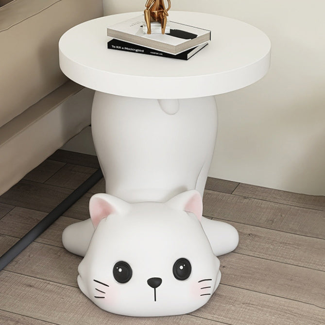 Modern Art Deco Resin Cat Round 1-Tier End Table — Beige