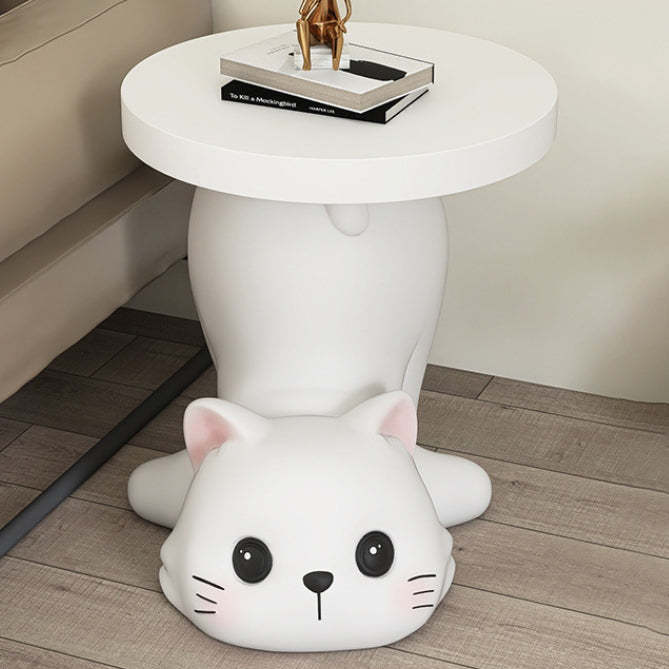 Modern Art Deco Resin Cat Round 1-Tier End Table — Beige