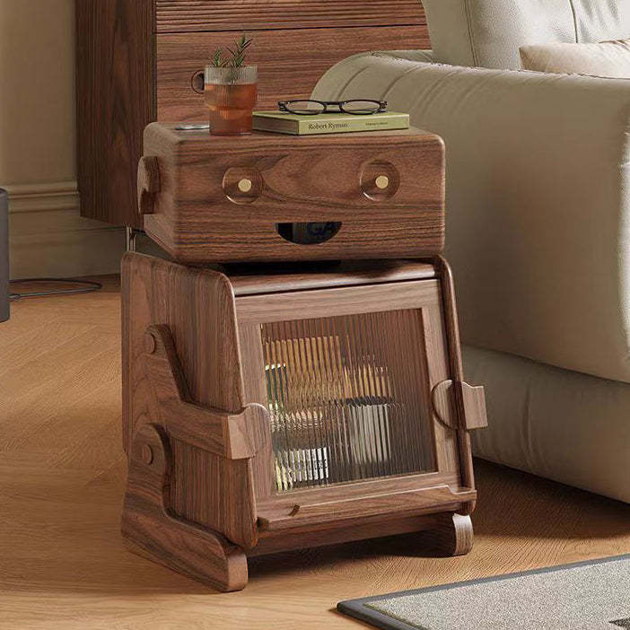 Contemporary Solid Wood Glass Robot 2-Storage Side Table — Walnut Color