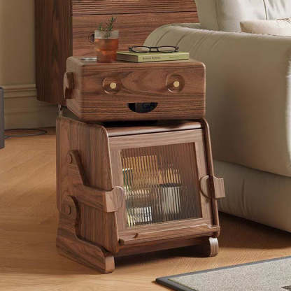 Contemporary Solid Wood Glass Robot 2-Storage Side Table — Walnut Color
