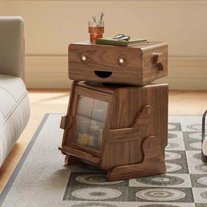 Contemporary Solid Wood Glass Robot 2-Storage Side Table