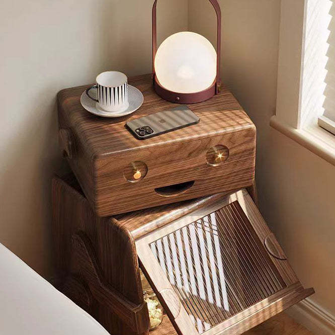 Contemporary Solid Wood Glass Robot 2-Storage Side Table