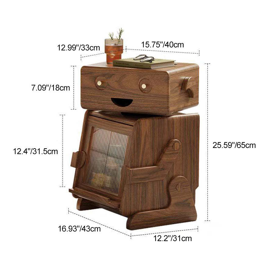 Contemporary Solid Wood Glass Robot 2-Storage Side Table
