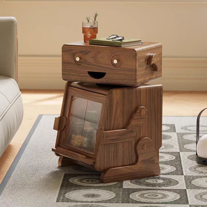 Contemporary Solid Wood Glass Robot 2-Storage Side Table
