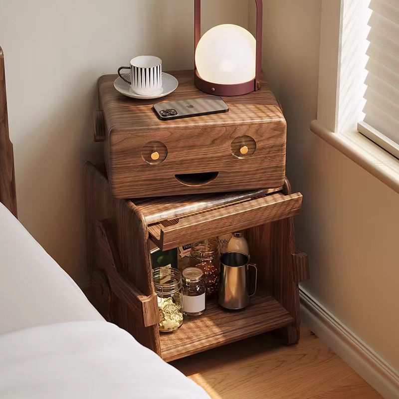 Contemporary Solid Wood Glass Robot 2-Storage Side Table