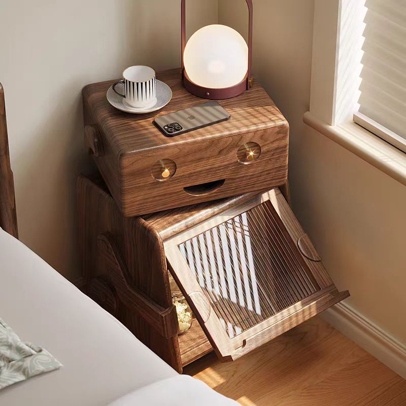 Contemporary Solid Wood Glass Robot 2-Storage Side Table
