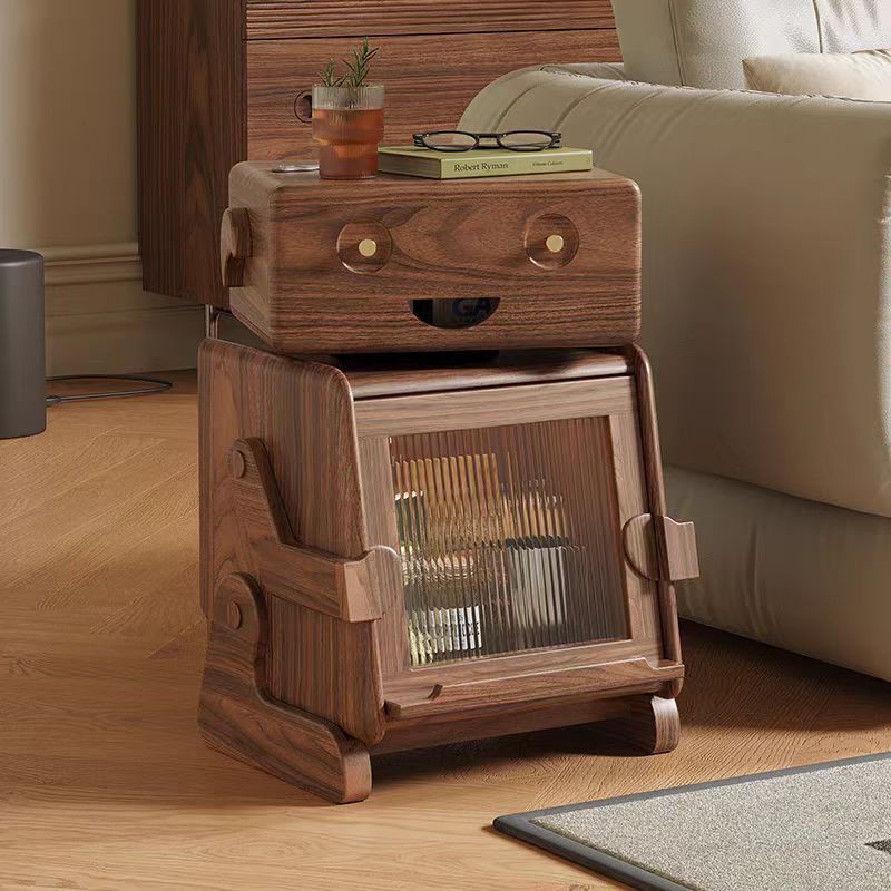 Contemporary Solid Wood Glass Robot 2-Storage Side Table