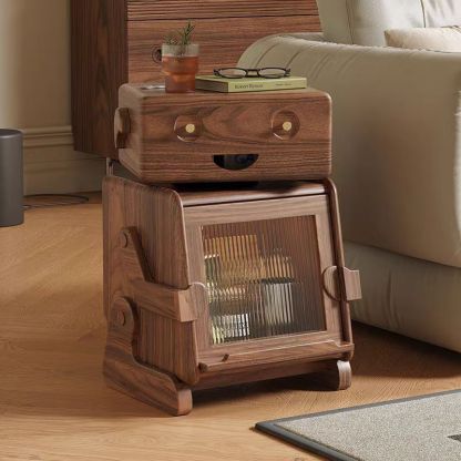 Contemporary Solid Wood Glass Robot 2-Storage Side Table