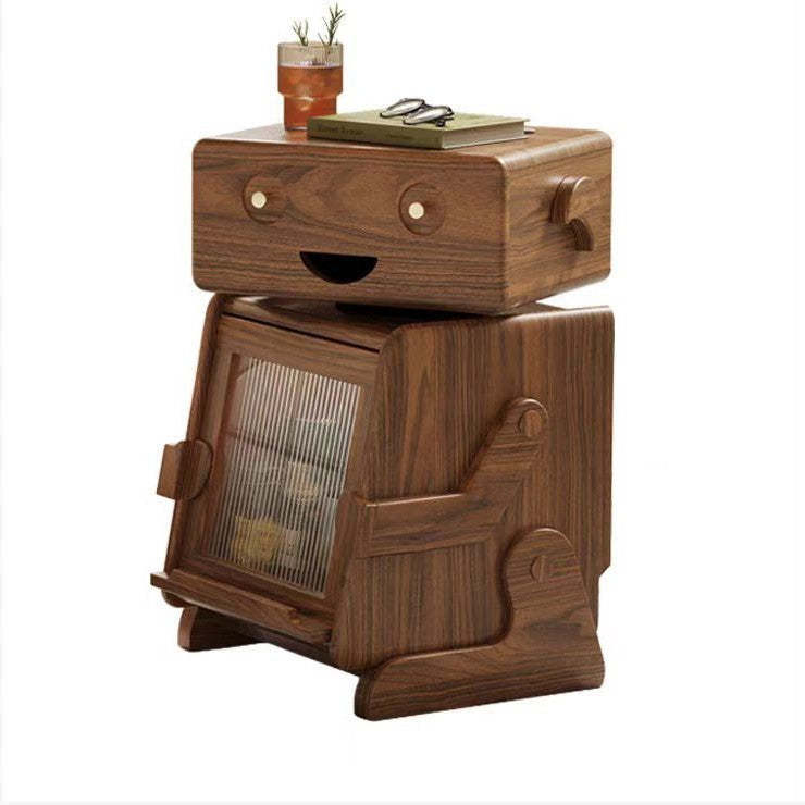 Contemporary Solid Wood Glass Robot 2-Storage Side Table