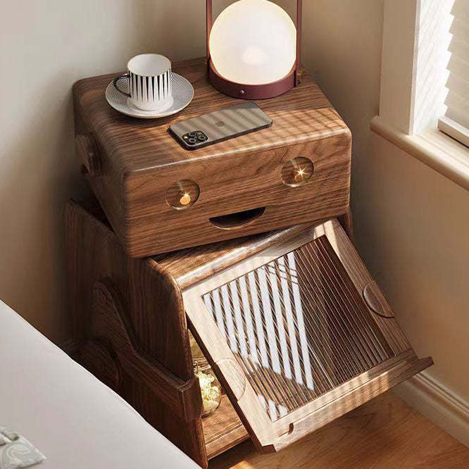 Contemporary Solid Wood Glass Robot 2-Storage Side Table