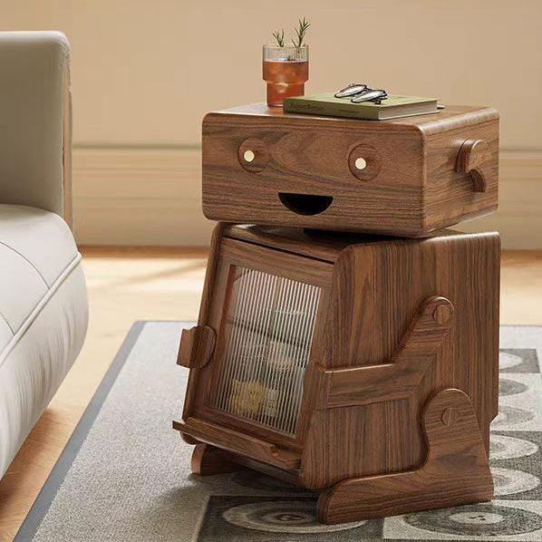 Contemporary Solid Wood Glass Robot 2-Storage Side Table