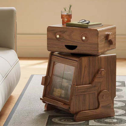 Contemporary Solid Wood Glass Robot 2-Storage Side Table