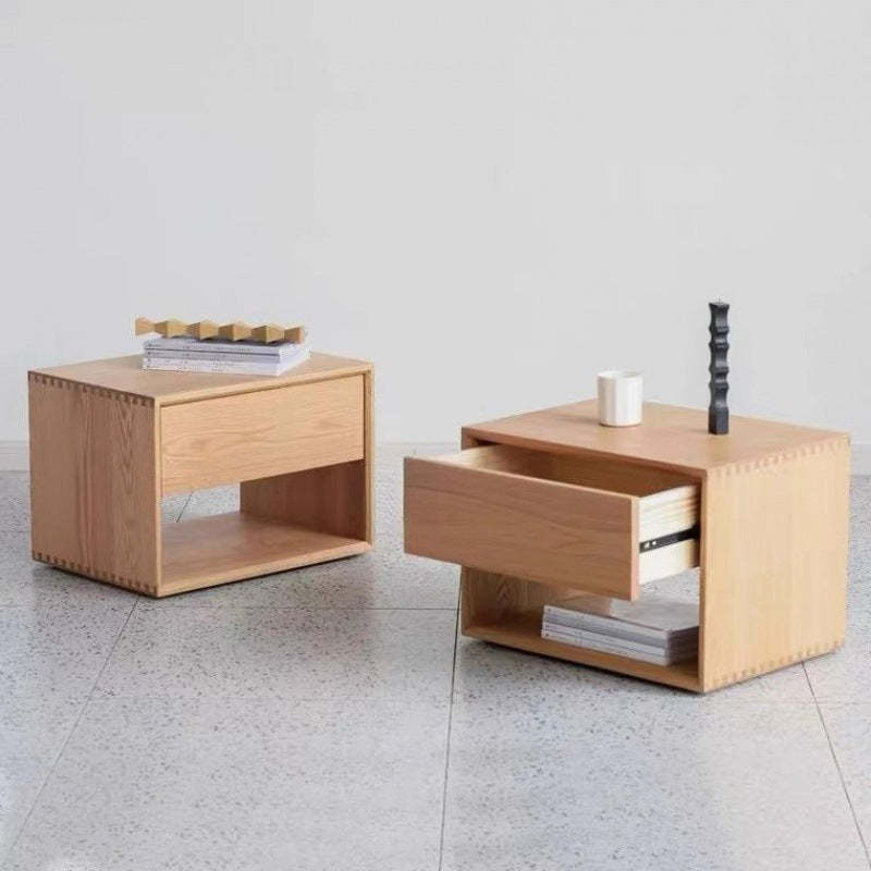 Japanese Solid Wood Rounded 1-Drawer Nightstand — Walnut Color