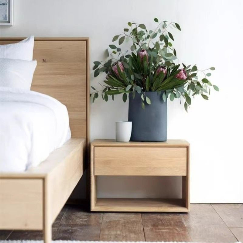 Japanese Solid Wood Rounded 1-Drawer Nightstand — Walnut Color