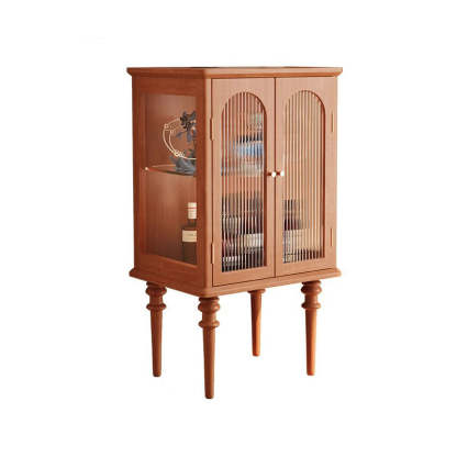 Scandinavian Solid Wood Glass Metal Side Table with Cabinet