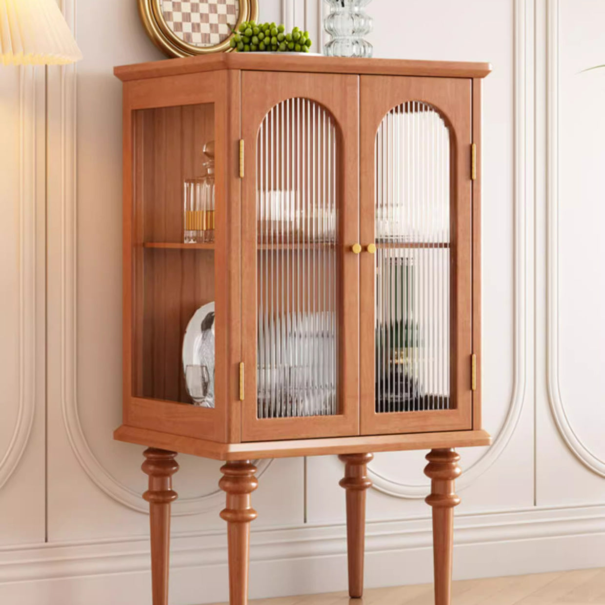 Scandinavian Solid Wood Glass Metal Side Table with Cabinet